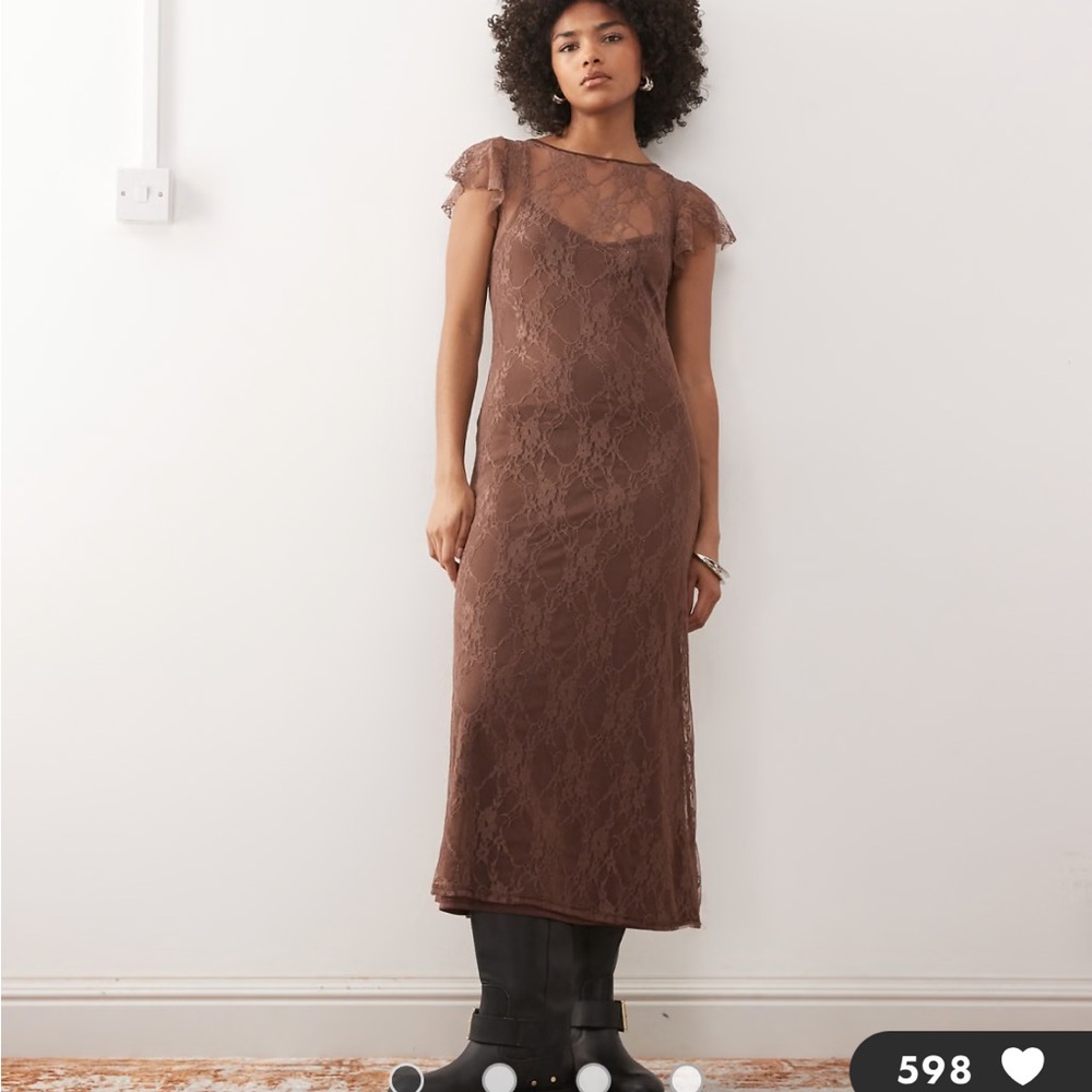 Reclaimed Vintage short sleeve lace midi dress in chocolate brown